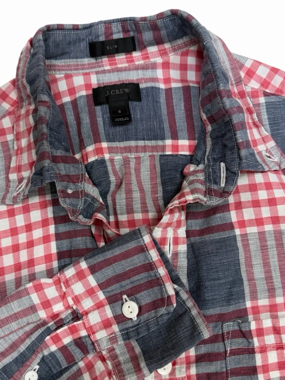 J Crew Baird McNutt Linen Shirt Mens Small Blue Plaid Irish Slim Fit Button Down